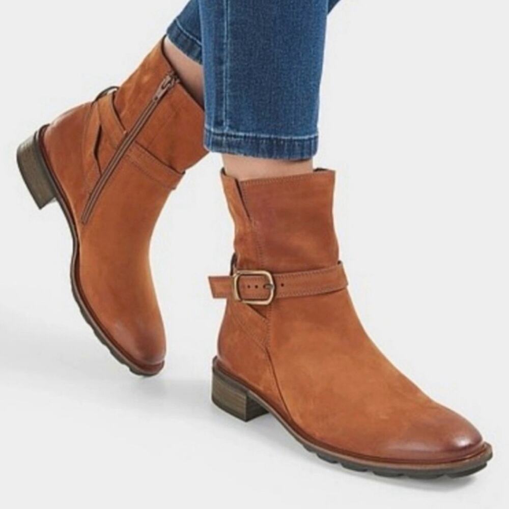 PAUL GREEN Women's Denver Belted Biker Leather Moto  Cognac Boots Sz 6.5/ US 9